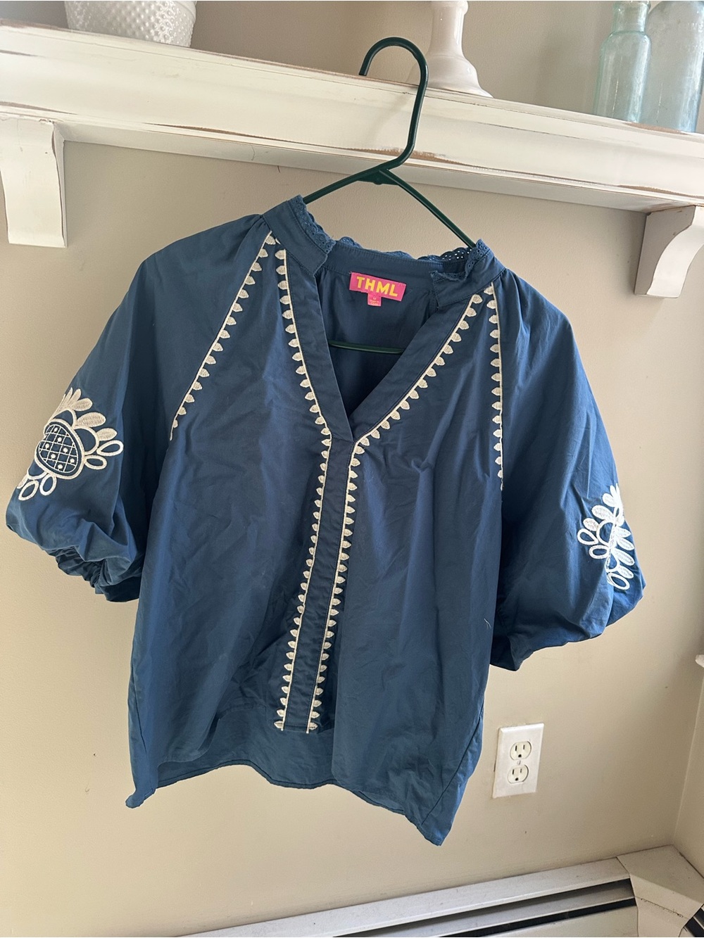 THML Blue Embroidered Peasant Top size Medium M